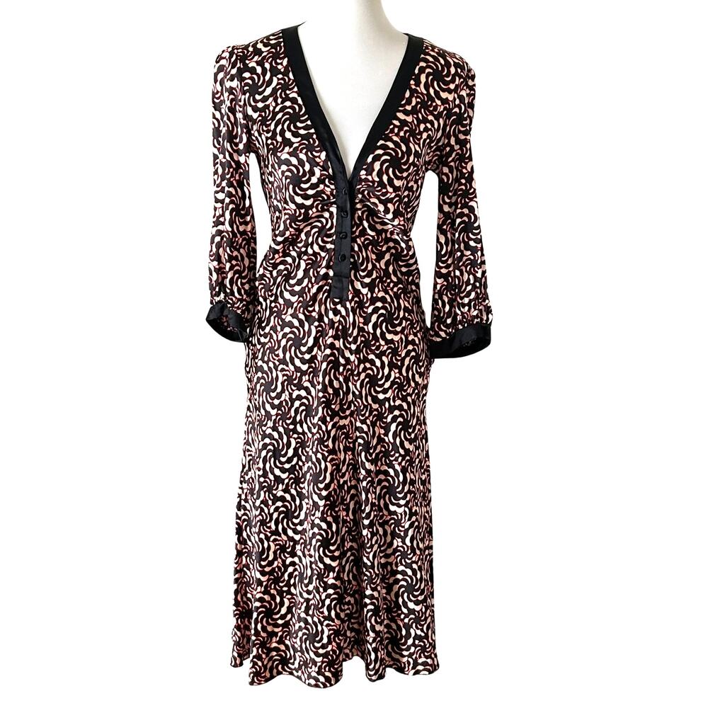 Y2K Silk Abstract Print Dress – Black Red Cream, Size M